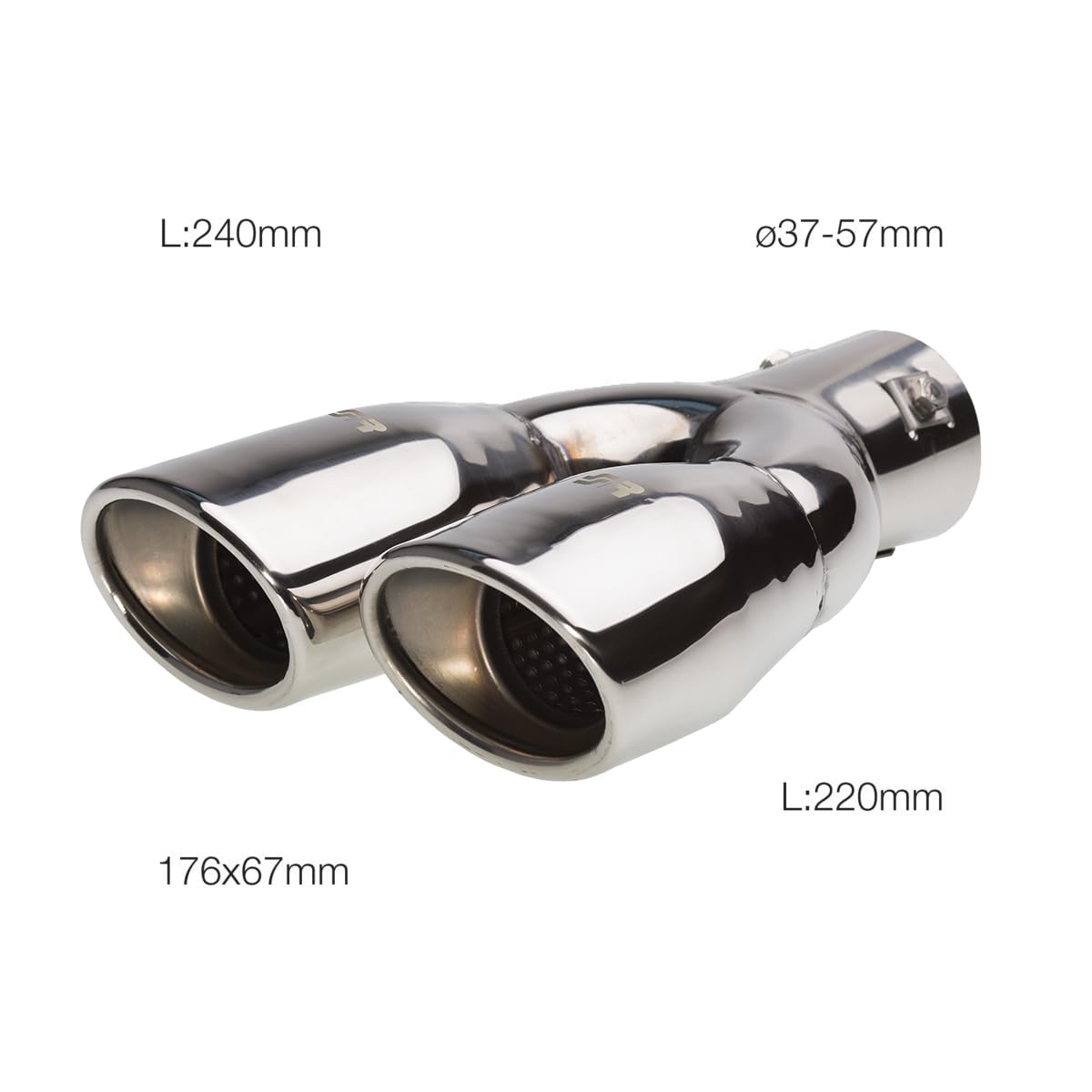 Simoni Racing Cola de Tubo de Escape Deportiva Doble Ovalada/Inclinada Acero Inoxidable - 167x67xL220mm - Montaje 37->57mm - Derecho