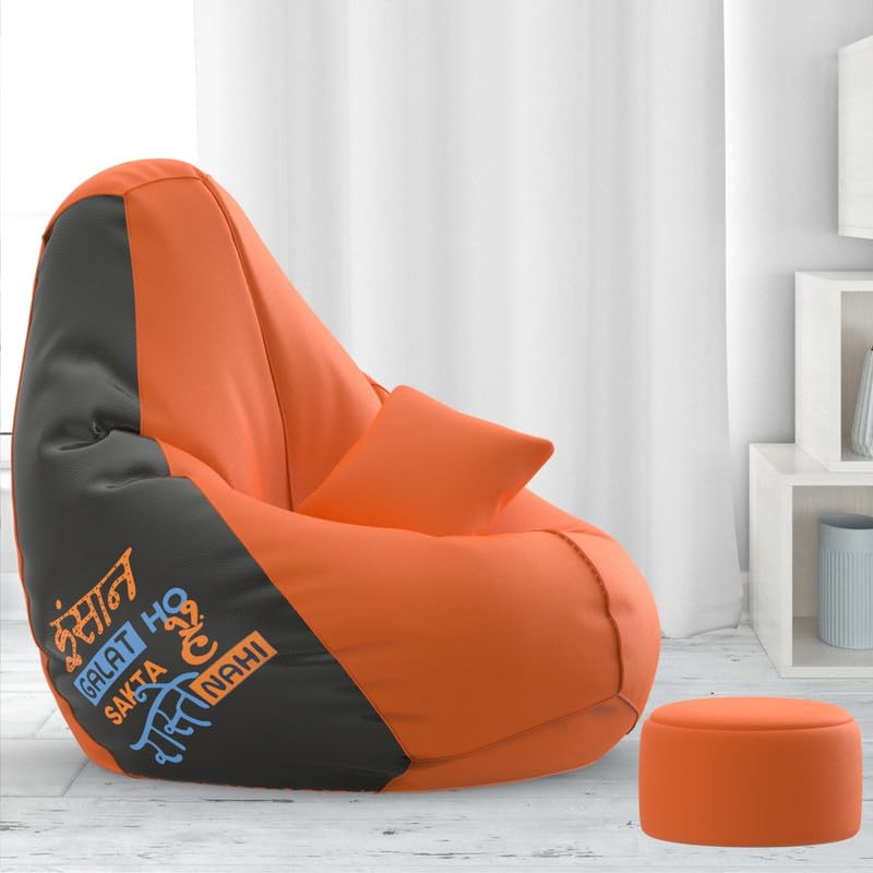 with Beans Filled 4XL VibeBoost Premium Bean Bag with Free Cushion and Footrest - Official : Desi Vibes Combo (Matching Color : Regular, Insaan Galat Raaste Nahin - Orange Black)-picture-21