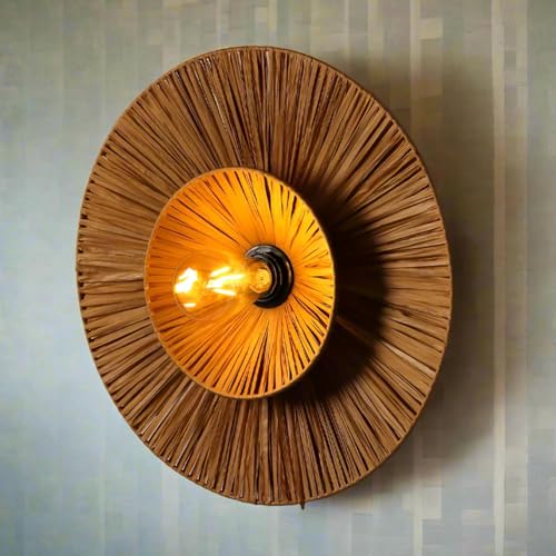 Image of Export India Round Raffia Wall Sconce Light | Bamboo Wall Lamps | Cane and Rattan Raffia Wall Lamp | Light for Home, Restaurants, Offices, Bedroom || Dia 16 inch