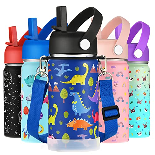 Werewolves 14Oz Kids Water Bottle With Straw Lid, Shoulder Strap And Boot - Insulated Stainless Steel, Reusable Leakproof Metal Water Bottles For School Boys Girls (Dinosaur Forest (Strap）, 14Oz) #TOP22