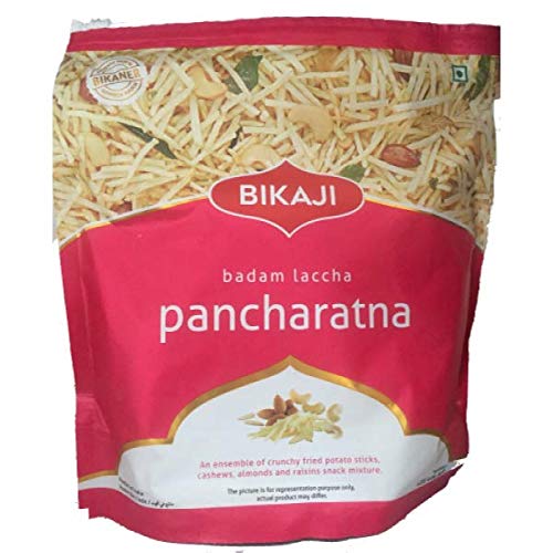 Image of BIKAJI Badam Laccha Pancharatna with cashew crunchy fried potato sticks almond and raisins snack mixture 350 grm (pack of 1)