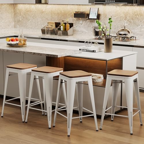 Alunaune 24″ Metal Bar Stools Set of 4 Industrial Backless Counter Height Barstools Kitchen Patio Stool Stackable with Wooden Seat- White Alunaune 24″ Metal Bar Stools Set of 4 Industrial Backless Counter Height Barstools Kitchen Patio Stool Stackable with Wooden Seat- White
