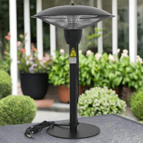 Azuma Table Top Patio Heater Black Steel Electric Pull Switch Halogen Tube IP44 1500w