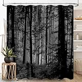 TKUYO Forest Shower Curtains, Gothic Misty Foggy Jungle Nature Forest Mountain Landscape Scenery Woodland Goth Dark BlackWaterproof Fabric Bathroom Shower Curtain Set with Hooks, 72'x72' Inch