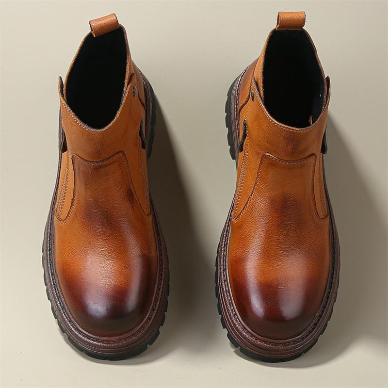 Men's Workwear Side Zipper Middle Tube Brushed Color Design Thick-soled Boots Leather Inner Comfortable Breathable Round Toe Oxford Shoes Suitable For Daily Commuting