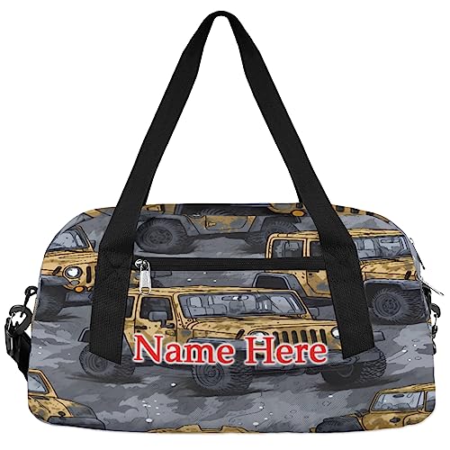 Custom Name Small Kids Overnighter Duffle Bag for Boys Girls Cartoon Jeep Truck Car Personalized Lightweight Gym Sports Duffle Bag Travel Weekender Tote Carry on Bag Customized Kids Gifts