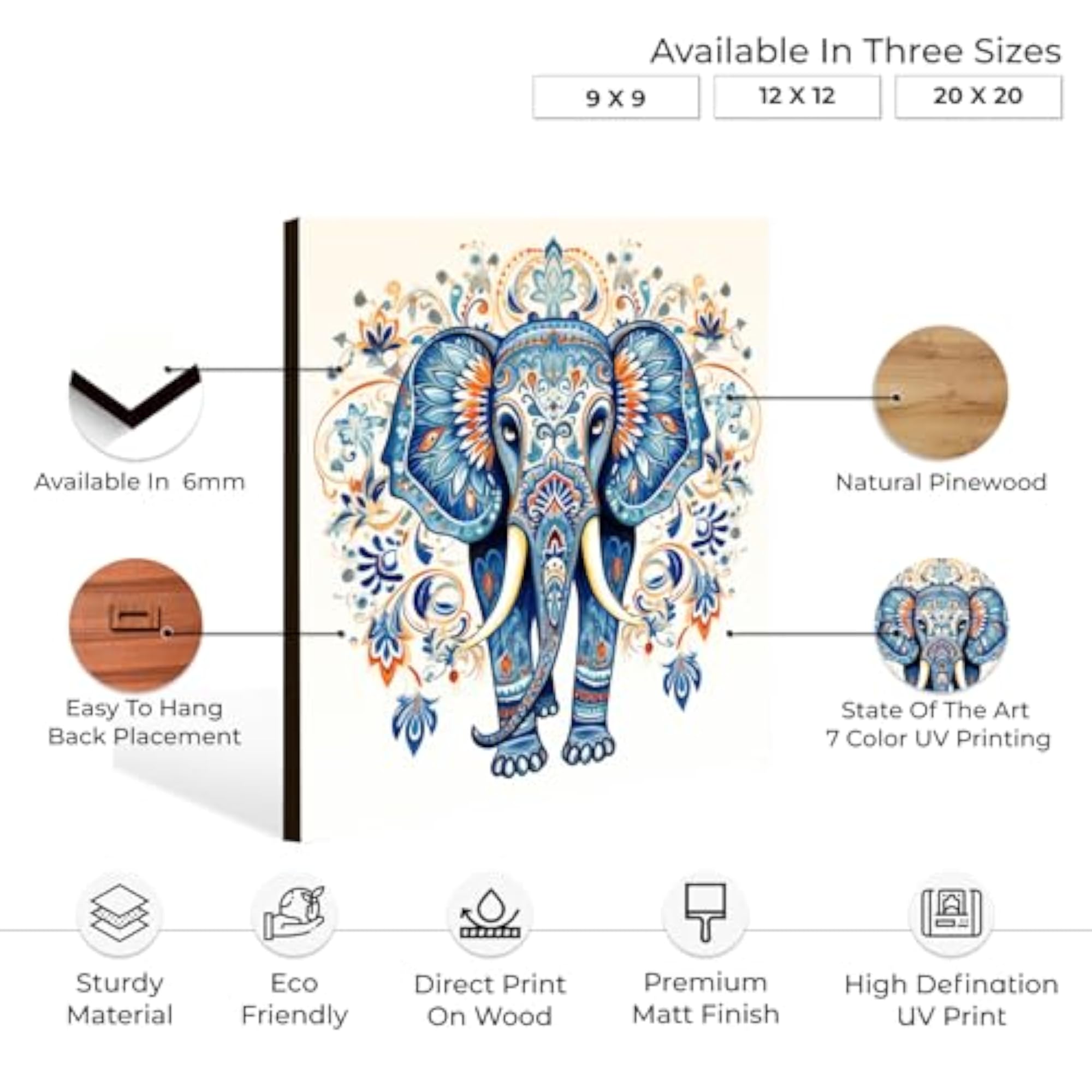 Elephant Mandala Wood Print Wall Art, Blue