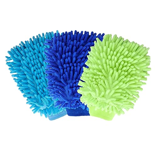 LYCRAFTS 3PK Microfiber Car Wash Mitts Scratch Free Double Sided Cleaning Drying Mitts Wash Gloves for Car Washing Supplies Trucks Motorcycles (Blue+Green+Royal Blue)