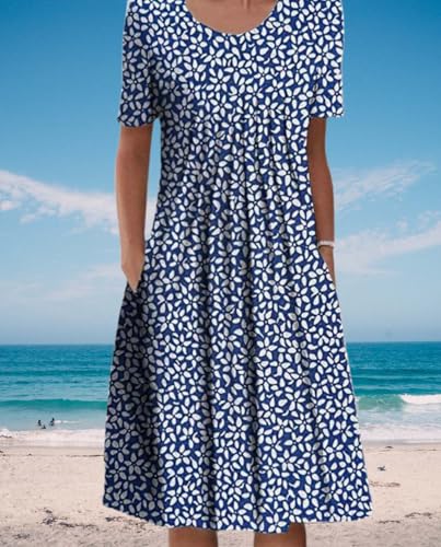 Womens Boho Dresses Short Sleeve Crewneck Casual Floral Print Beach Vacation Dress with Pockets for 2025 Summer3