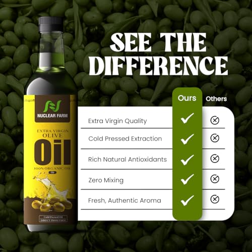 Image of Nuclear Farm Extra Virgin Olive Oil 1 Litre | Cold Pressed & Unrefined | 100% Pure Organic Olive Oil | No Heat Processing | Rich in Antioxidants | For Cooking & Salads