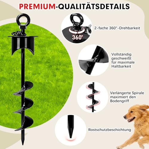 Snagle Paw Bodenanker für Große Hunde mit Lock-Cap, Robuster Erdanker für Außen/Garten/Camping mit Stoßdämpfender Bungee-Leine, 360°drehbarer Rostfreier Bodenanker für Leinen, Ketten bis 360 lbs
