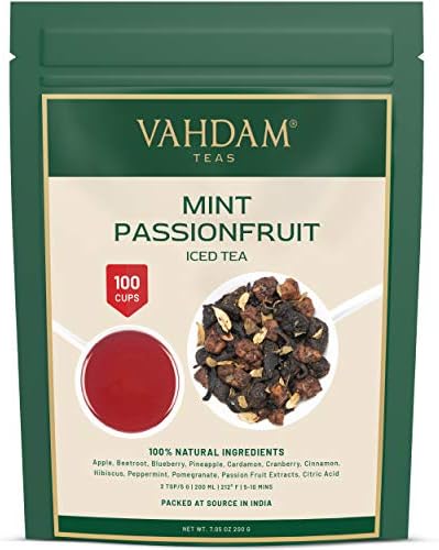 VAHDAM, Mint Passion Iced Tea 40 Servings, 8 Quarts Natural Ingredients Delicious Flavor of Passionfruit, Spices, Tropical Fruits Herbal Iced Tea Iced Tea Loose Leaf 7Oz