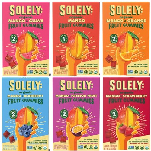 SOLELY Organic Fruit Gummies Variety Pack, 6 Packs, Mango, Orange, Guaba, Passion Fruit, Blueberry,...