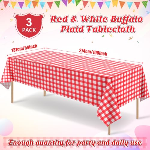 Image of 3 Pack Red and White Plastic Checkered Tablecloth, Premium Decorative Disposable Red Gingham Plaid Table Cloths for Parties, Rectangle Party Table Cover for Picnic Farm Birthday Wedding, 54x108 Inch
