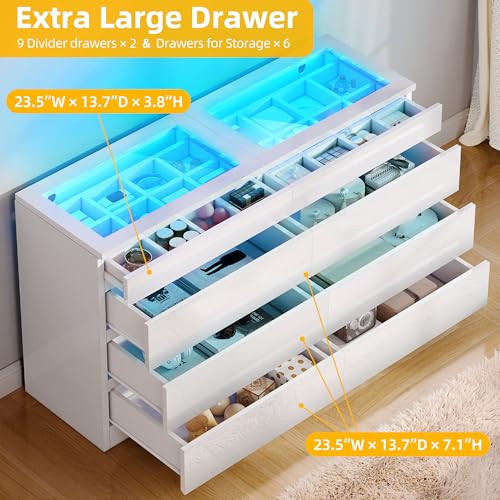 Dwvo MADWVKVVUR 8 Drawer Dresser With Led, White Dresser, Modern 8 Chest Of Drawers With Deep Drawers Glass Top High Gloss Surface thumb #3