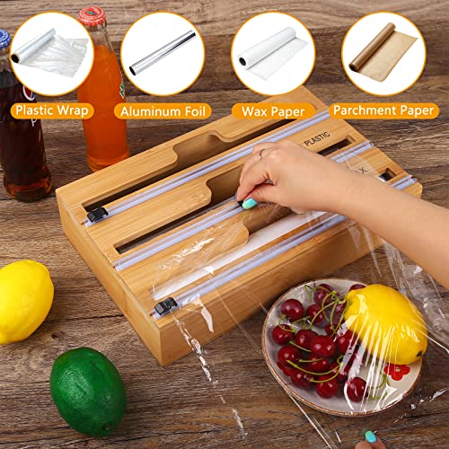Moomarto 4 In 1 Foil And Plastic Wrap Organizer, Bamboo Dispenser With Cutter Labels, Aluminum Foil, Wax Paper, Parchment Paper Organization Storage Holder For Kitchen Drawer Compatible With 12" Roll #TOP1