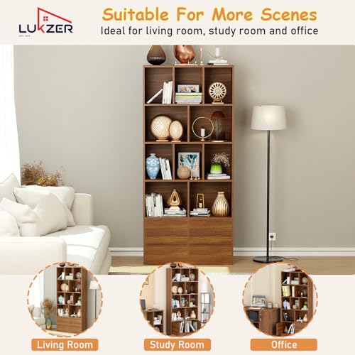 Image of Lukzer Bookshelf & Storage Organizer with Push Latch Doors Cabinet | Modern Engineered Wood Multipurpose Bookcase Display Rack for Home & Office | DIY Assembly (MR-033 /Oak Brown /157x80x30 cm)