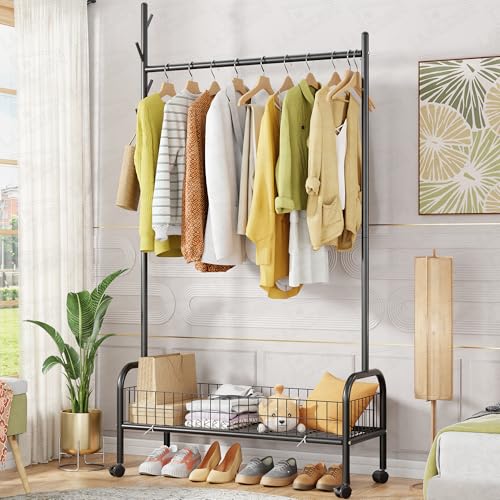Image of Lukzer | MGR-001 | Black | Heavy-Duty Portable Metal Clothes Rack with Wheels & Bottom Shelf - Single Rod Garment Organizer Stand for Bedroom, Laundry, Hallway, Office & Dorm | 173 x 90 x 35 cm