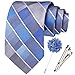 Hi-Tie Mens Sky Blue Gray 63 inch Checkered XL Tie Extra Long Necktie with Lapel Pin Tie Clip Big and Tall Men Formal Wedding