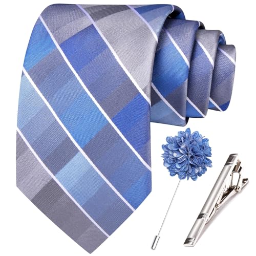 Image of Hi-Tie 63 inches Striped Paisley Extra Long Ties for Men Silk Necktie with Lapel Pin Tie Clip Big and Tall Men Formal Wedding