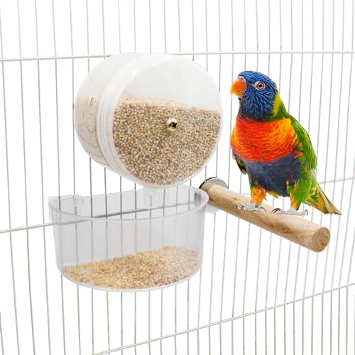 Bird Wheel Foraging Toys, Plastic Parrot Cage Feeder with Wood Perch, Parakeet Seed Food Container, Cage Accessories for Small and Medium Birds Cockatiels Lovebirds Conures Rats Hamster Guinea Pig