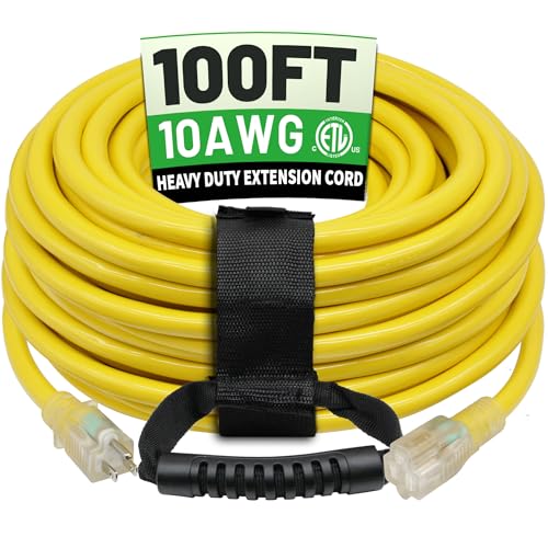 POWGRN 100 Ft 10AWG Outdoor Extension Cord Waterproof Heavy Duty, 3 Prong Flexible Cold-Resistant Long Power Cord Outside with Lighted Indicator End, 15Amp 1875W SJTW, Yellow ETL