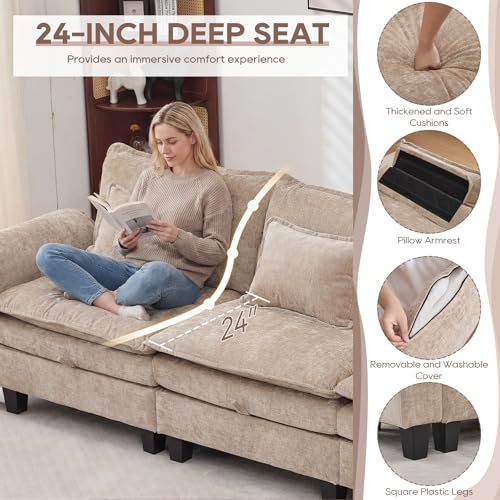 Image of IPKIG 151 inch Modular Cloud Couch with Storage, U Shaped Sectional Sofa with Ottoman & Pillow, Chenille Deep Seat Sectional Couches for Living Room, Apartment, Khaki,