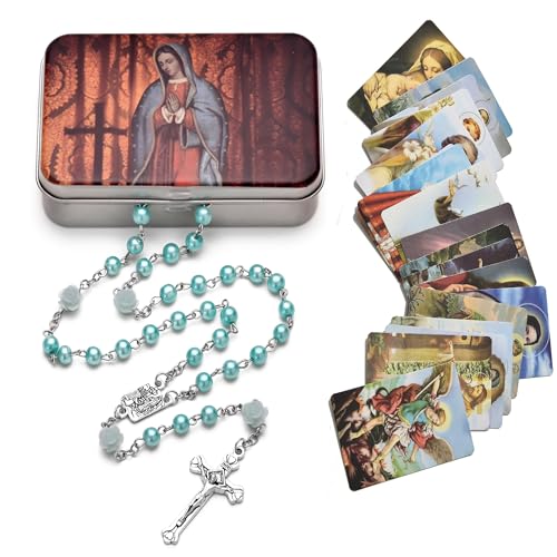 SZQCZB Rosary Beads Catholic Necklace Holy Soil Medal Cross Crucifix with Metal Box and 18pcs Prayer Cards-Sky Blue