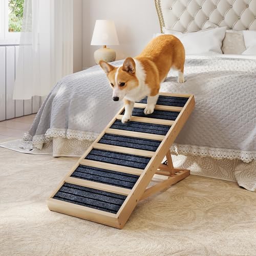 Dog Ramp for Bed, Couch- Upgraded Non-Slip Wooden Pet Ramp with Sturdy Construction, 4 Adjustable Heights (16' to 22'), Supports 132 lbs for Small & Medium Dogs
