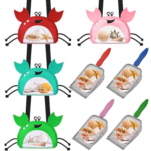 AUVOTTOKA Crab Shaped Beach Toy Set - 8PCS Shell Collecting Kit with Mesh Shovels & Bags, Sand Sifter for Shark Tooth Hunting, Family/Kids Seashell Collection (4 Colors)