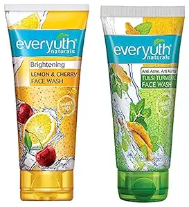 Everyuth Naturals Brightening Lemon & Cherry Face Wash, 150gm, Tube & Everyuth Naturals Anti Acne, Anti Marks Tulsi Turmeric Face Wash, 150gm, Tube