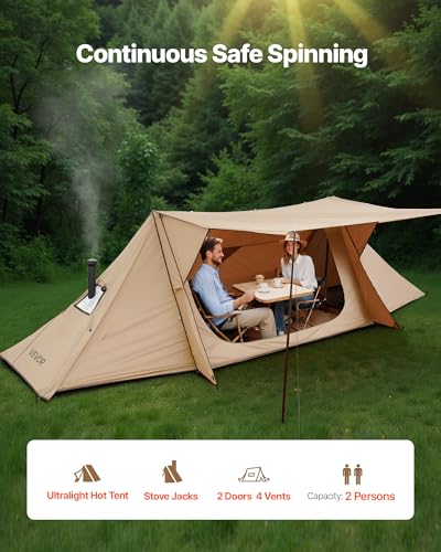 VEVOR Tente Chaude pour 2 Personnes, Tente d'hiver Portable avec Trou de Poêle, Piquets, Sac de Transport, Abri Léger à 4 Saisons, Tissu Imperméable PU2500 mm, pour Camping, Randonnée, Pêche, Chasse – Image 5