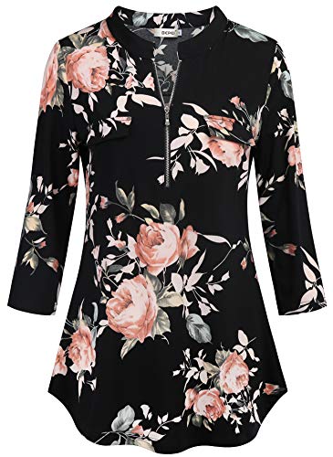 Bepei Floral Tunics For Women,3/4 Sleeve V Neckline Tops High Neck Dinner Blouses Teenage Girls Flower Printed Going Out Walking Shirt Size 6 Pink M #TOP1