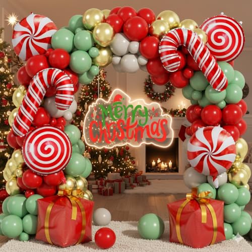 Image of 170Pcs Christmas Balloon Arch Garland Kit with Xmas Red Sage Green Gold White Sand Latex Balloons Gift Box Candy Cane Foil Balloons Arch Kit for Christmas New Year Party Party Decorations