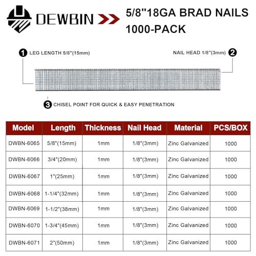 DEWBIN 18 Gauge Brad Nails, 1000 Counts 5/8-inch 18 GA Brad Nails, Galvanized Nails for Nail Gun, Finishing Nail Gun Nails for Pneumatic, Electric Brad Nailer Gun
