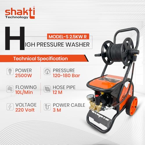 Image of Shakti Technology S-2.5KW R High-Pressure Washer, 2500W | Max 180 Bar Electric Power Cleaner with 12M Hose Reel, Professional Foam Cannon & 4 Nozzles for Car, Patio, and Heavy-Duty Cleaning