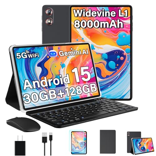 Android 15 Tablet 30GB+128GB+1TB Expand, 2025 10.1 Inch Octa-Core 8000mAh Electronics Tablets with Keyboard Mouse, Gemini AI, 5G WiFi, 1280x800 IPS Touchscreen, GPS, BT5.0, Widevine L1 -Metal Black