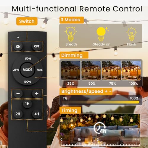 Svater Outdoor String Lights with Remote, 200FT/60M Festoon Lights Dimmable Timer with 104 G40 Plastic Bulbs 1W LED, Waterproof Shatterproof Linkable Garden Lights for Outdoor Patio Backyard(2X30m) - Image 3