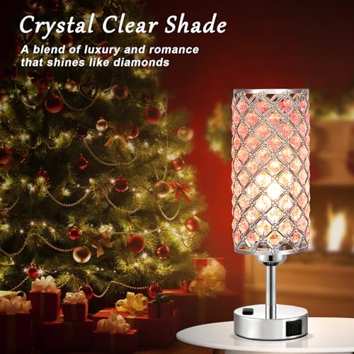Image of Hong-in Pink Crystal Lamp Set of 2, 3 Way Dimmable Touch Lamp for Bedroom with Crystal Shade, Bedside Nightstand Lamps for Living Room Bedroom Home Office