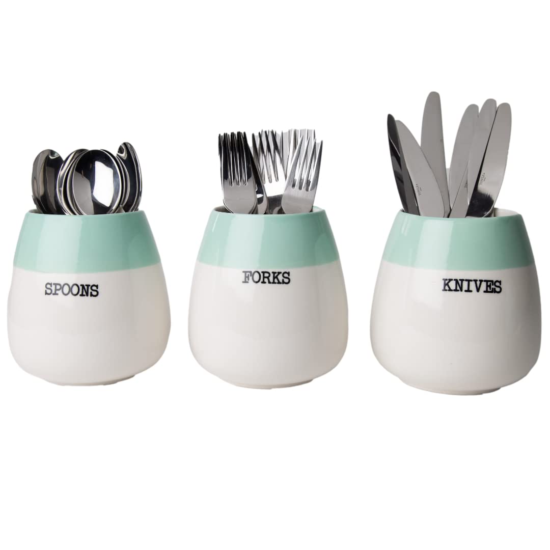 Ceramic "Honeypot" Cutlery Holder - Set of 3 - Farmhouse Silverware Caddy for Kitchen Countretop - Decorative Spoon, Fork & Knife Holder for Parties & More - Rustic Caddy Made of Premium Ceramic