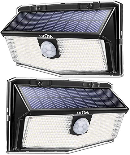 LITOM 160 LED Solar Motion Sensor Lights Outdoor, IP67 Waterproof Solar Powered Security Lights Wireless Solar Wall Lights with 3 Modes for Garden Patio Yard Deck Garage Fence Pool - Cold White 2 Pack