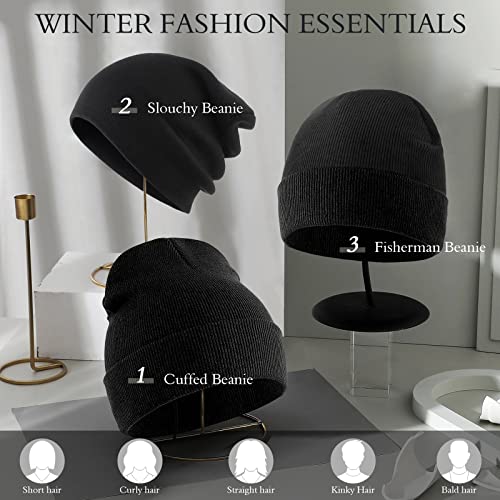 2Pcs Beanie For Men, Stretchy Soft Cuffed Wooly Beanie With Thick Warm Lining, Unisex Classic Winter Hat, Gifts For Women Men Her Him Dad (Black And White) #TOP3