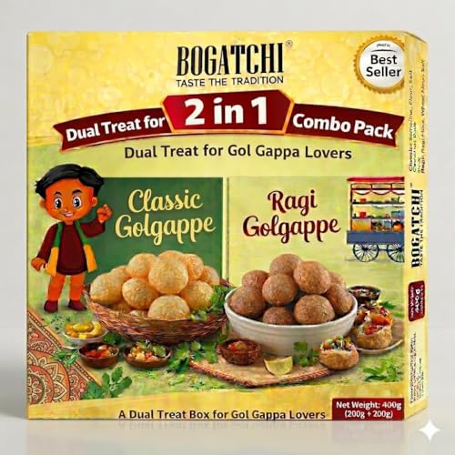 Image of BOGATCHI 2-in-1 Gol Gappa Combo Pack - Classic Gol Gappe 200g + Ragi Gol Gappa 200g | Healthy Ragi Pani Puri Puris | Crispy Chaat Shells for Home Snacks, Parties & Street Food Lovers