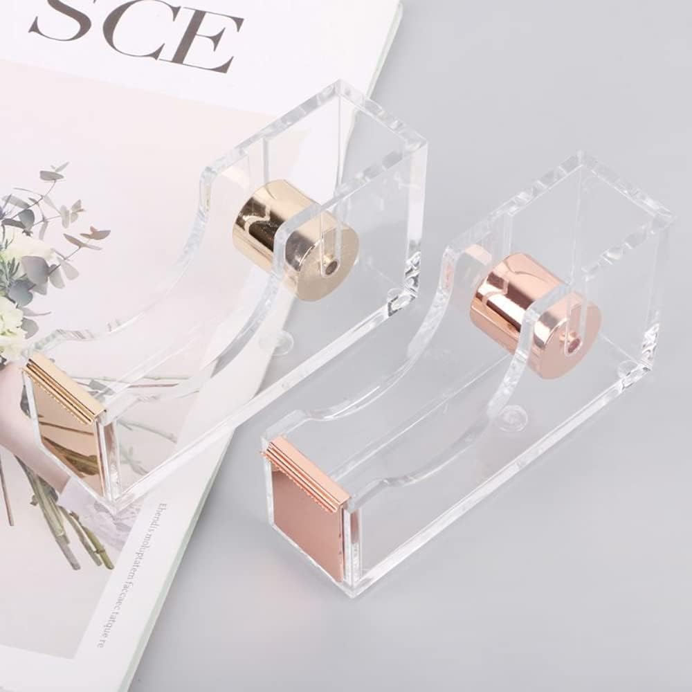 Tape Dispenser Clear Tape Dispenser Desk Acrylic Tape Seat Tape Holder Square Office Tape Dispenser Desktop with Tape Cutter Supplies Rose Gold : Office Products