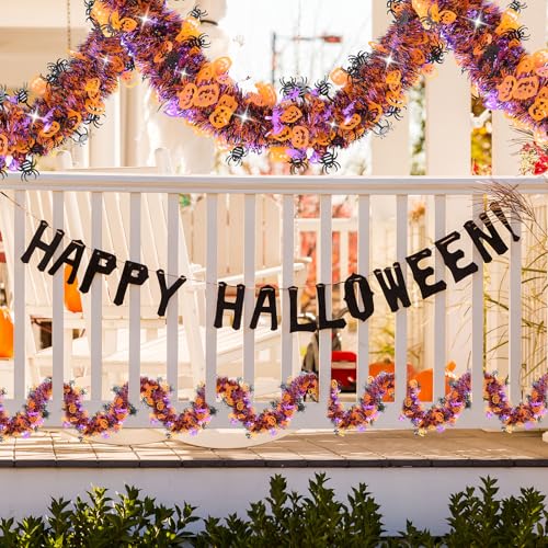 Image of 33 FT Halloween Tinsel Garland Decorations,Orange Purple Black Halloween Garland with Pumpkins, Bat, Spider Shiny Metallic Garlands for Indoor Outdoor Decorations