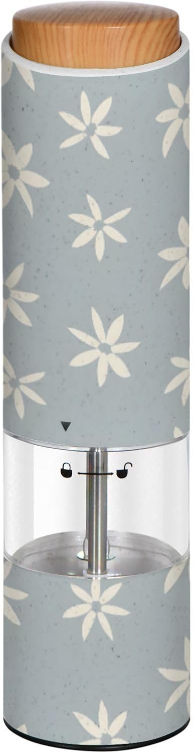 ALAZA Electric Pepper Grinder with Adjustable Coarseness, White Flowers Simple Pattern Battery Automatic Salt and Pepper Mill with Led, One-Handed Operation Spice Grinder for Kitchen, Camping & BBQ