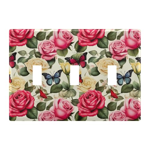 Light Switch Cover Butterfly Rose Floewr Spring Wall Plates for Electrical Outlets 3 Gang 202b3292