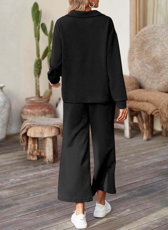 SHEWIN 2 Piece Sets for Women Collared V Neck Long Sleeve Polo Shirts Tops Lounge Set Tracksuits Sweatsuits3