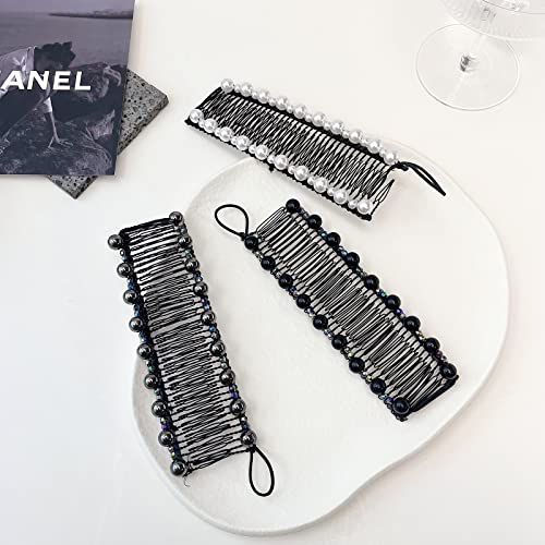 Glecurv 2Pcs Banana Hair Clips Stretchy Banana Clip For Fine Natural Long Hair No Crease Elastic Artificial Pearl Hair Combs For Women Hair Styling Accessories (30 Teeth,Black) #TOP7