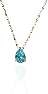 QueenBee Dainty Teardrop Gemstone Pendant Necklace, Birthstone Necklace 14 Gold Plated Chain, Delicate Jewelry Gift for Her